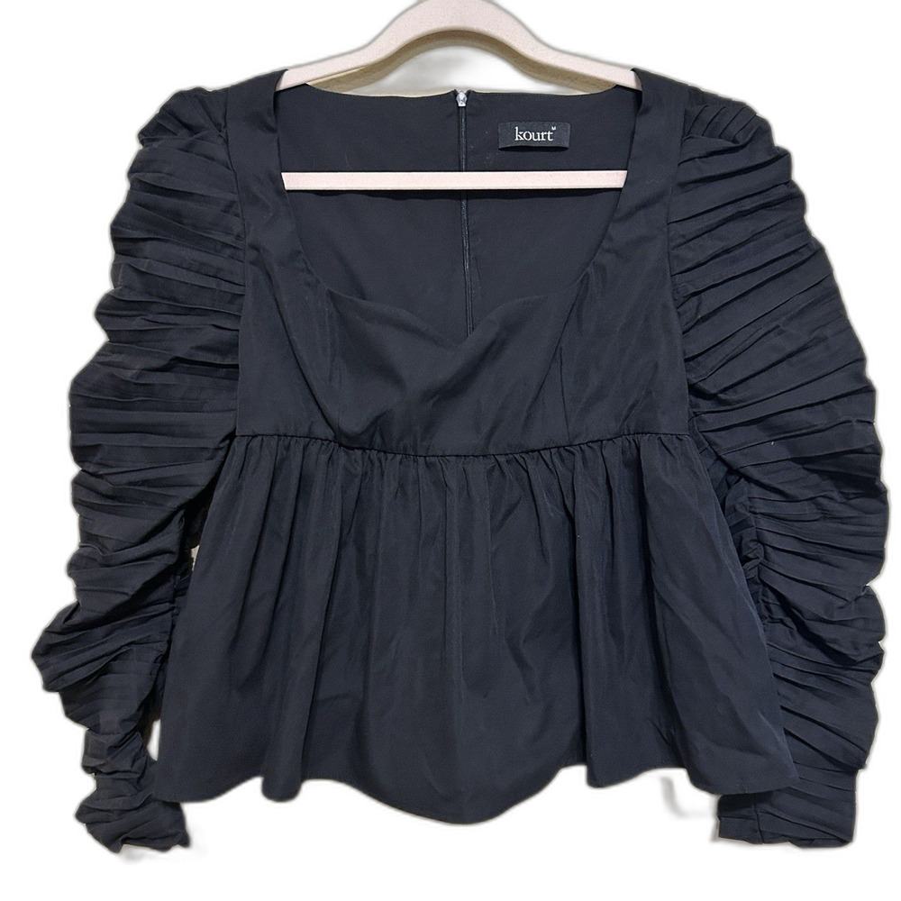 Kourt Few Moda Peplum Top Womens Medium Black Ruched Puff Sleeve Dark Fairy Goth